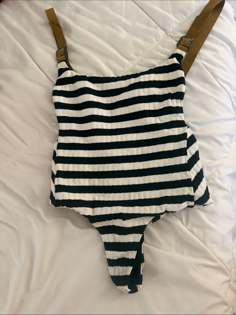 Striped Black & White womens One-Piece bathing suit with Tan Straps